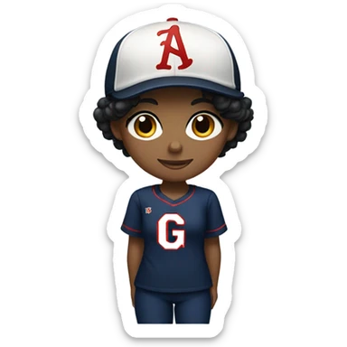 Black long hair girl wearing navy ballcap emblazoned with a red G initial and wearing baseball uniform sticker