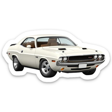 White 1971 Dodge Challenger with consistent proportions, accurate three-quarter view at 30 degrees, showing front grille, headlights and side profile in correct perspective, all white, iOS emoji style sticker