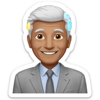 70 yr old man, very short spike white hair, pakistani, light grey business suit, big smile, dark skin, no facial hair
 sticker