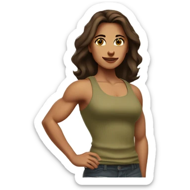 A muscular woman with long, smooth brown hair and brown eyes and bright skin, showing off her arm muscles, wearing a khaki tank top  sticker
