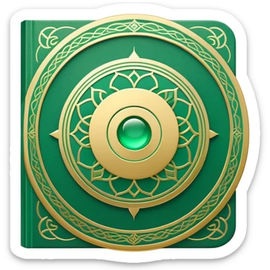 A soft emerald green book front cover with golden details, featuring a Zen circle, a ray of light, or a lotus on the cover, radiating presence, tranquility, and spiritual awakening sticker