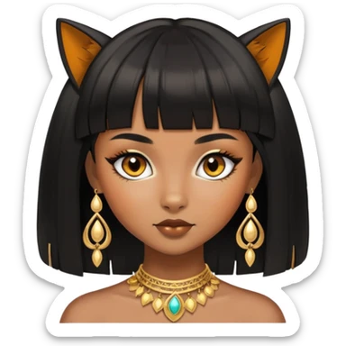 brownskin girl, fox eyes, black straight hair with bangs above eyebrowns, golden accessories sticker
