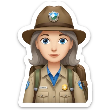 white woman park ranger with blue eyes, brown and gray hair, wearing a backpack sticker