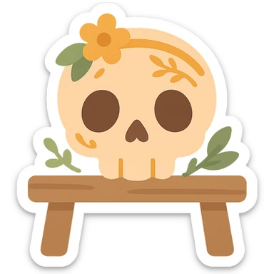 "A cute, whimsical skull resting gently on a wooden table, styled with a warm and soft color palette: golden orange (FA9B41), deep forest green (4A7C5C), muted taupe brown (96775A), and pastel peach (FFCC9A). The skull has rounded, friendly features and big, expressive eye sockets, giving it a sweet and non-threatening appearance. It is decorated with small floral or leafy patterns, and perhaps a tiny flower crown or ribbon in peach or green tones. The wooden table has a rustic charm, and the lighting is warm and magical, with gentle shadows and a cozy, storybook-like atmosphere. The overall scene feels enchanting, calm, and charming sticker