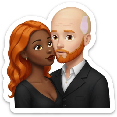 White bald man with ginger orange facial hair and beard. Kissing ebony black women with long black wavy hair  sticker