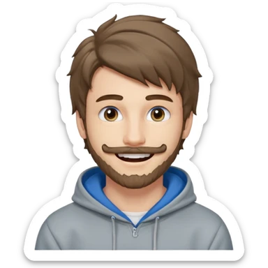 20 year old man, short scruffy beard and thin moustache, brown puffy mullet, blue eyes, big smile, white teeth, big lips, pronounced jaw, hair longer in back, sticking up on top, thin face, grey hooded sweatshirt, pale skin, big smile, blue eyes, puffy hair that is long in back, blue eyes sticker