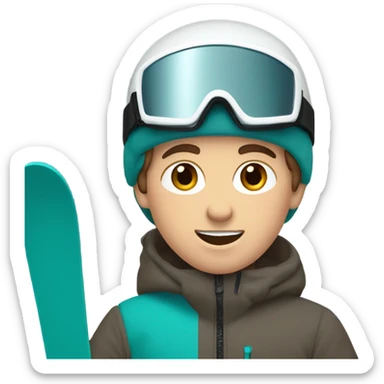 white Boy with wavy brown hair skiing on teal skis. He is wearing a gray coat and black snow pants  sticker