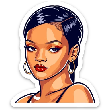 8k, 5000x5000px resolution, clean, smooth, thin lines, ultra detailed, hyperrealism, celebrity, best selling singer, and director of fenty, 2025, Rihanna. Glossy appearance, vivid colors, recent.  sticker