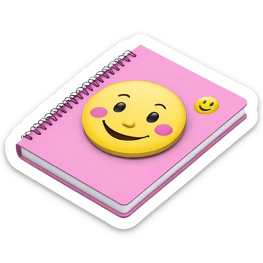 libreta de anillos rosada en perspectiva isometrica con sticker de carita feliz amarilla sticker