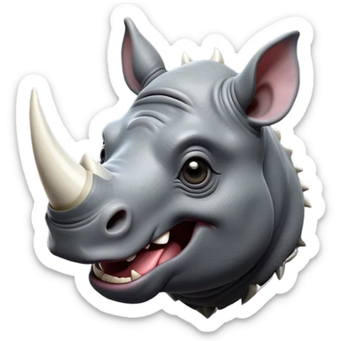 Cinematic Comical Rhinoceros Portrait Emoji, Head tilted dramatically with an exaggeratedly amused expression, featuring a striking, glossy slate-gray hide with a boldly textured white horn, wide, expressive eyes filled with playful disbelief, Simplified yet hilariously expressive features, highly detailed, glowing with a slightly sassy glow, high shine, dramatic yet playful, stylized with an air of cheeky wild mischief, bright and endearing, soft glowing outline, capturing the essence of a spirited and over-the-top rhinoceros, so meme-worthy it feels like it could charge its way into internet fame instantly! sticker