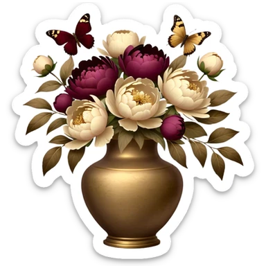 A weathered brass vase holds lush beige peonies, surrounded by scattered burgundy petals. Brown butterflies hover above, bathed in warm, antique light. sticker