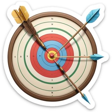 A bow with an arrow drawn back, aimed at a target with concentric rings. The background suggests a calm, outdoor archery range, emphasizing the precision, focus, and skill required in archery as a competitive sport. sticker
