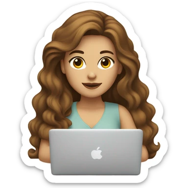 a woman with brown long wavy hair and brown eyes and white skin with macbook sticker