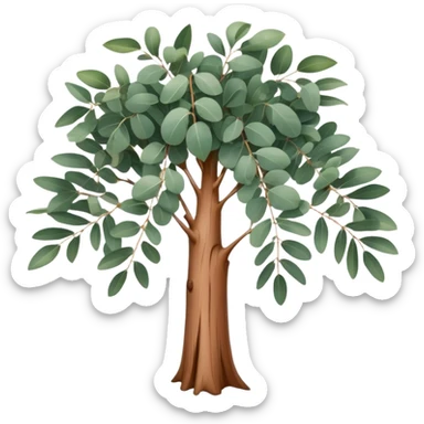 Cinematic Realistic Eucalyptus Emoji, Tall and graceful, with slender trunks covered in smooth, peeling bark and large, fragrant leaves. The eucalyptus trees sway gently in the breeze, releasing a calming aroma that fills the air. Soft glowing outline, capturing the essence of rugged beauty and natural serenity in a tall eucalyptus tree! sticker