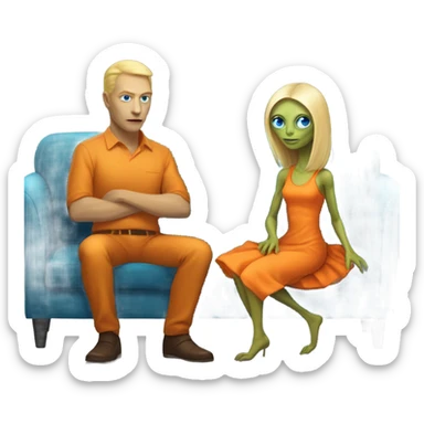 blonde alien reptilian woman in orange dress and humman man in blue, sitting on a couch  sticker