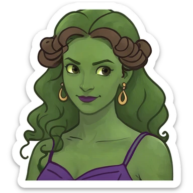 Woman with long brown wavy hair tied up, a curl on her forehead, wearing a purple Grecian dress, with a confident smirk. sticker