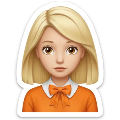 longer blond hair not smiling woman with orange blouse bow collar sticker