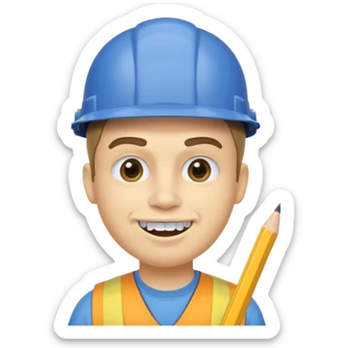 A round head puppet with 2 buck teeth a blue helmet and a round nose with a pencil in it also he has a unibrow  and a yellow shirt that says jeffy sticker