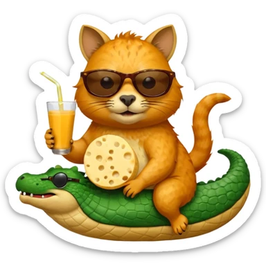 Cat with sun glasses eating cheese while riding a capybara which is also riding a crocodile eating chocolate and drinking milk sticker
