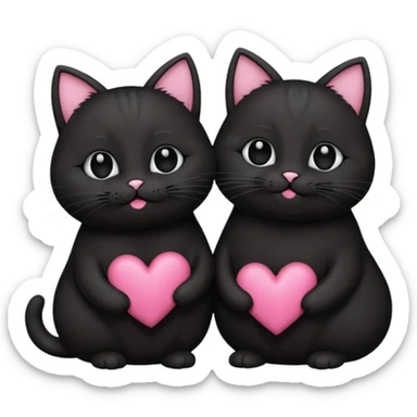 two fat cute black cats love, pink heart, closed mouth, black ears sticker