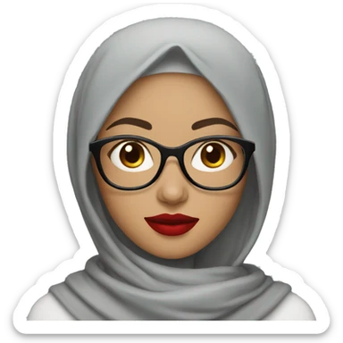 light skin woman with gray hijab wearing glasses and red lipstick sticker