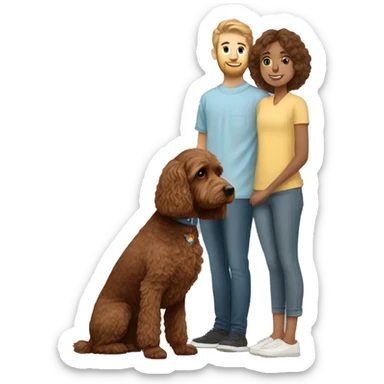 brown cockapoo from the side full body with girl and boy owners sticker