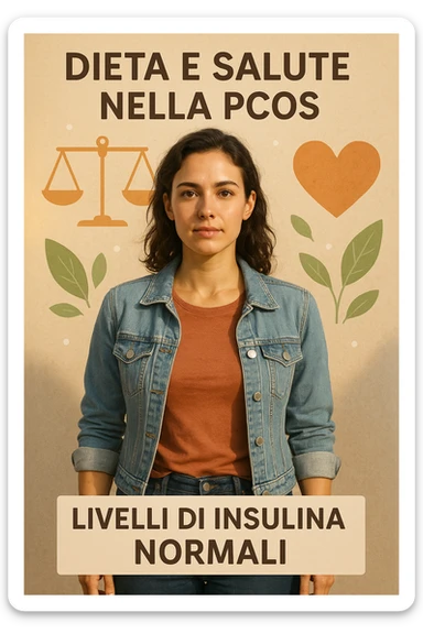 vertical realistic image of a healthy woman with normal insulin levels, targeted diet for PCOS, symbols of balance and well-being, warm lighting, Italian captions, aspect ratio 2:3 sticker