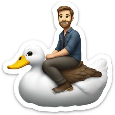 Confident White Man with dark brown hair and a short beard riding on the back of a giant duck sticker