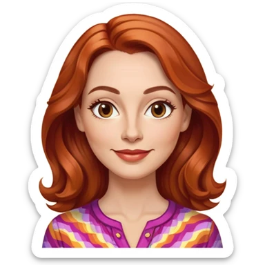 Woman in her 40s with elongated face, soft features, prominent cheekbones, friendly warm smile, medium almond-shaped brown eyes, defined eyebrows, straight nose, medium lips, vibrant red wavy hair, wearing a colorful blouse sticker
