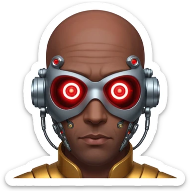 bald dark brown man, half of his face covered in cyborg upgrades such as red laser sticker