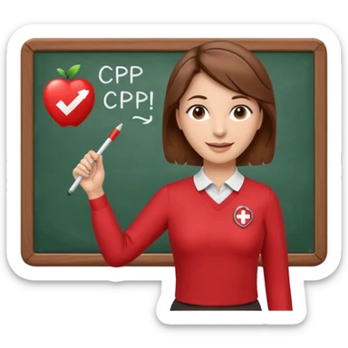 very Happy Teacher, female, brown hair up, wearing a red long sleeve top holding a pointer stick to a white board with a CPR logo. sticker