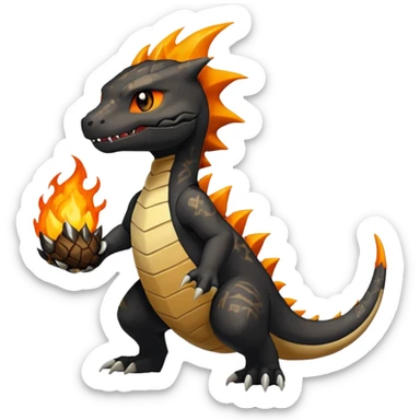 Magmatic fiery badass cool obsidian-Black and golden-orange Helioptile-Marowak-Charmander-Fakémon-hybrid-creature (full body)  sticker