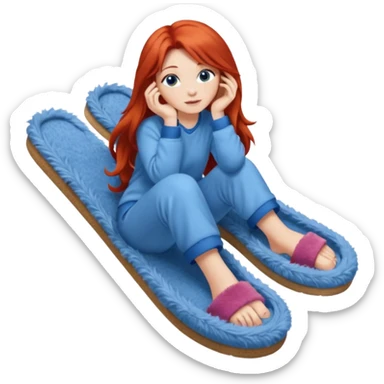young woman with long red hear wearing comfy lounging outfit, wearing blue fuzzy slippers sticker