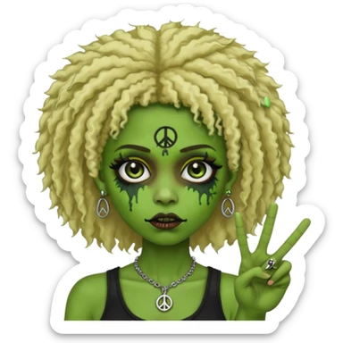 girl, green zombie,blonde afro, medium long, shaggy, dark, spooky,double eyebrow dermal piercing,peace sign sticker