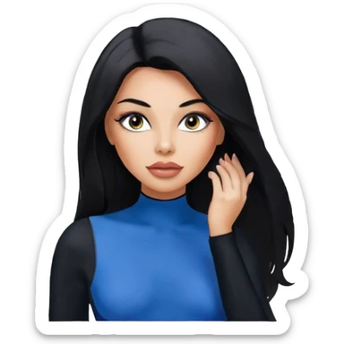 Glamours, tanned, very beautiful girl, with big pump peach-beige-rose lips, eyeliner, long long lashes, black straight smooth silky long hair, straight parting hair, blue-grey eyes, in totally black bodysuit long-sleeves sticker