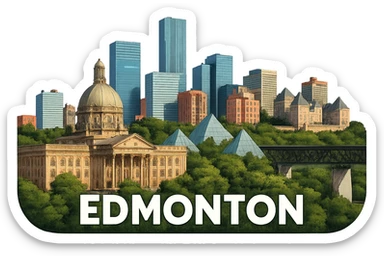 Remove the sky background from the Edmonton emoji, keeping everything else exactly the same: the skyline with the Alberta Legislature Building, Muttart Conservatory, High Level Bridge, lifelike detail, accurate colors, bright lighting, wide city view, and a fully transparent background. sticker