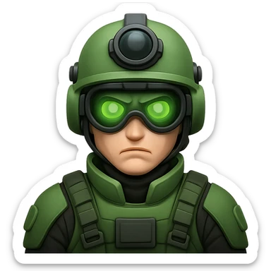 Change to a different, distinctive modern helmet design with night vision goggles, keep white-skinned male soldier, green gear, cool and brutal style, in emoji style, no background. sticker
