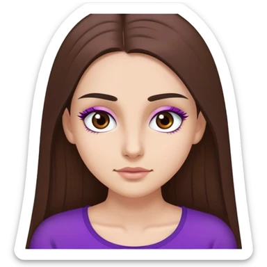Chica con tez blanca, pelo largo liso marrón, cejas rectas, ojos marrones con largas pestañas y top morado sticker