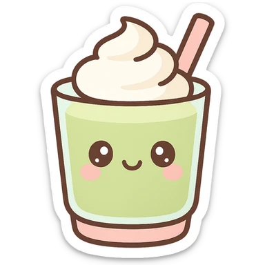 a kawaii matcha latte with a smiling face and whipped cream, cute and charming style sticker