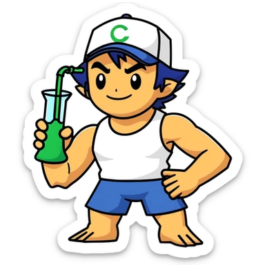 Hot handsome muscular 6ft 5inch tall smiling happy fun shirtless Ash Ketchum a friend taking a rip from a beaker style bong sticker