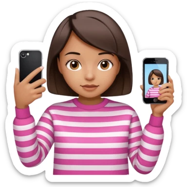 Emoji of a cute 3D girl with short dark brown bob hairstyle, wearing a pink and white striped sweatshirt. She is holding a phone and taking a selfie, white background.

 sticker