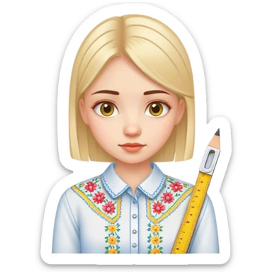 A Ukrainian girl in an embroidered shirt holds a ruler sticker