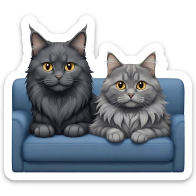 Portrait of a black smoke Maine Coon cat with long grey ear tufts, alongside a British Shorthair cat with a solid blue coat on sofa. Both cats with detailed fur textures and playful expressions. Soft, elegant background of room with warm, natural tones. Transparent background. sticker