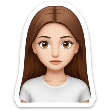 Chica de pelo liso ,largo y marrón con ojos color marrón  y una camiseta blanca y la piel blanca con pestañas y maquillada clean look sticker