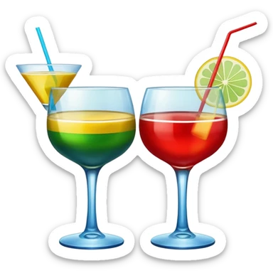 Create an emoji of two cocktails, one glass of green and yellow color and one glass of blue and red, without any fruit, put the action of cheers or party that two glass click together sticker