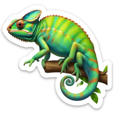 Giant Chameleon blending into natural surroundings, perched on a branch. Its vibrant colors shift with the environment. Lush greenery, branches, and soft sunlight create a peaceful, nature-filled background. Transparent background, showcasing the chameleon's colorful, textured skin. sticker