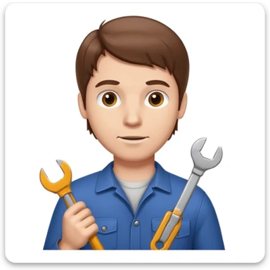 memoji style white man with brown hair, holding a wrench, neutral background sticker