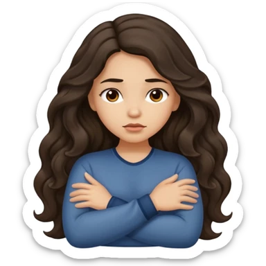 Hispanic light tan girl with long dark wavy hair crossing her arms under arm pit and slightly pouting sticker