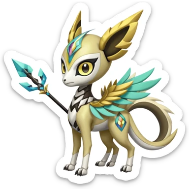 Arrow-patterned chevron-marked Cute Big-eyed anime-styled Colorful Shiny Tribal Skeletal masked armored Meloetta-Silvally-Solgaleo-Raikou-Pokémon-Digimon-Fakémon-fusion-hybrid-creature, full body sticker