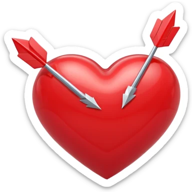 Apple-style 3D illustration of a glossy red heart pierced by a horizontal double-ended arrow. One end of the arrow has a small female symbol, the other end has a small male symbol. The heart is centered, shiny, with soft shadows, floating on a clean white background, minimal and emotional design sticker